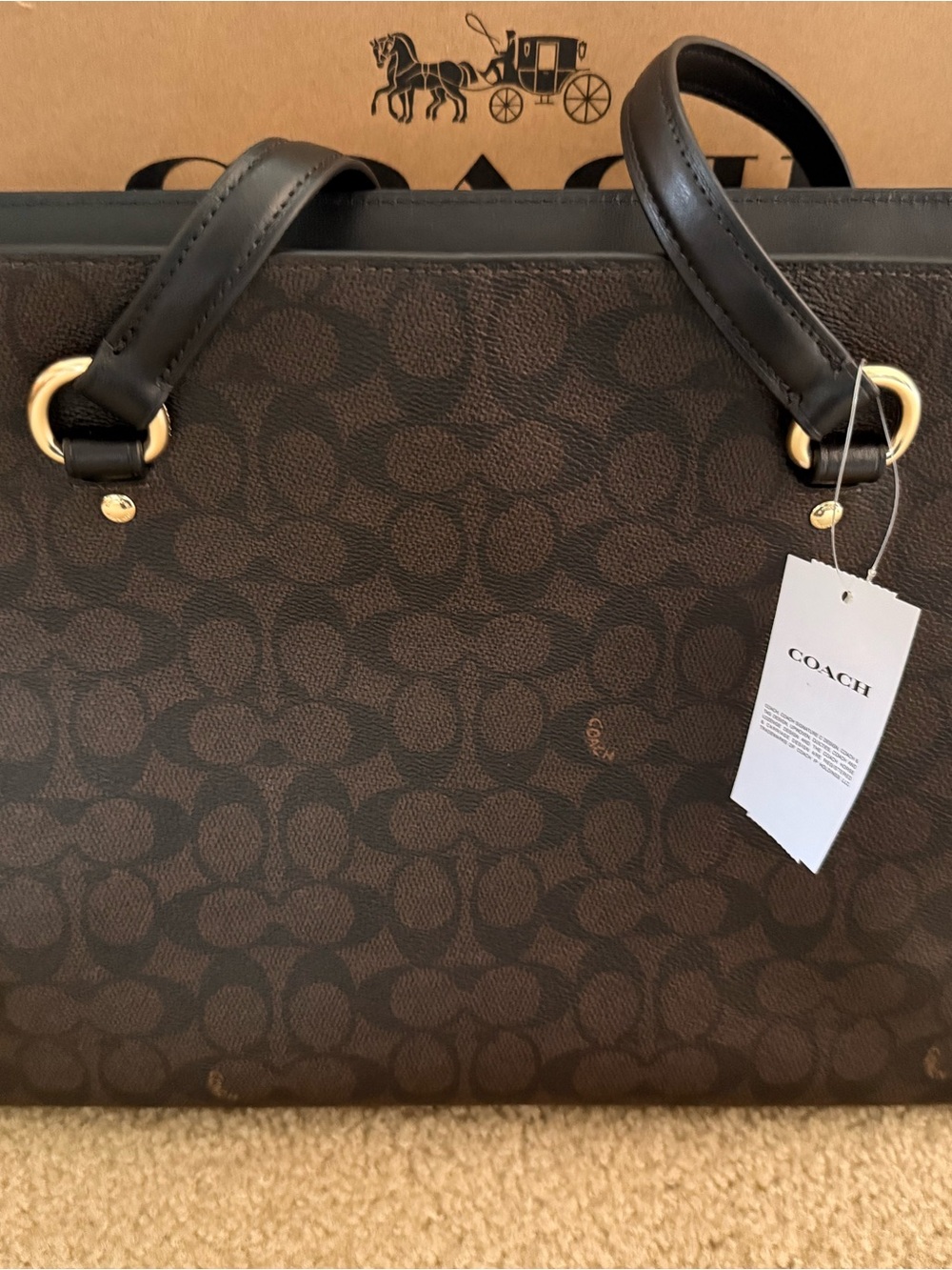 Coach Dark Brown Signature Canvas Tote with Black Leather Trim - Picture 3 of 8
